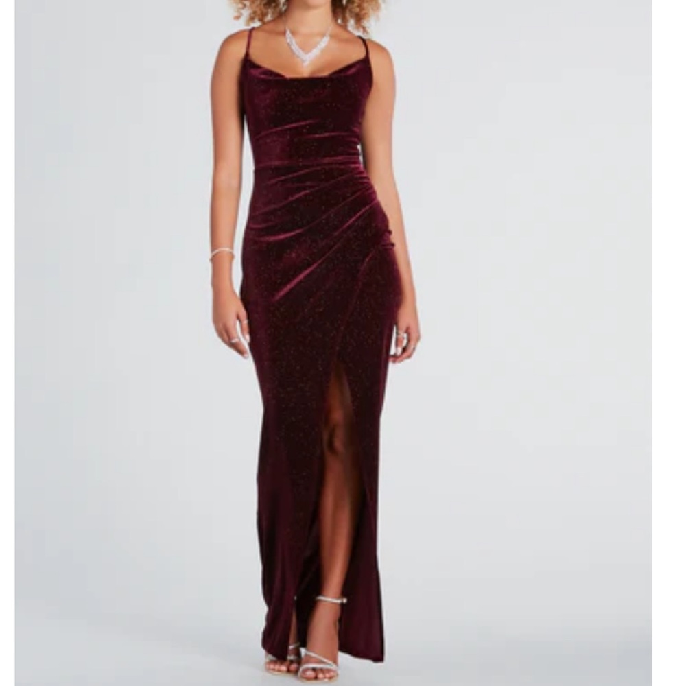 Prianka Formal Glitter Velvet Cowl Neck Dress - Available In Burgundy only